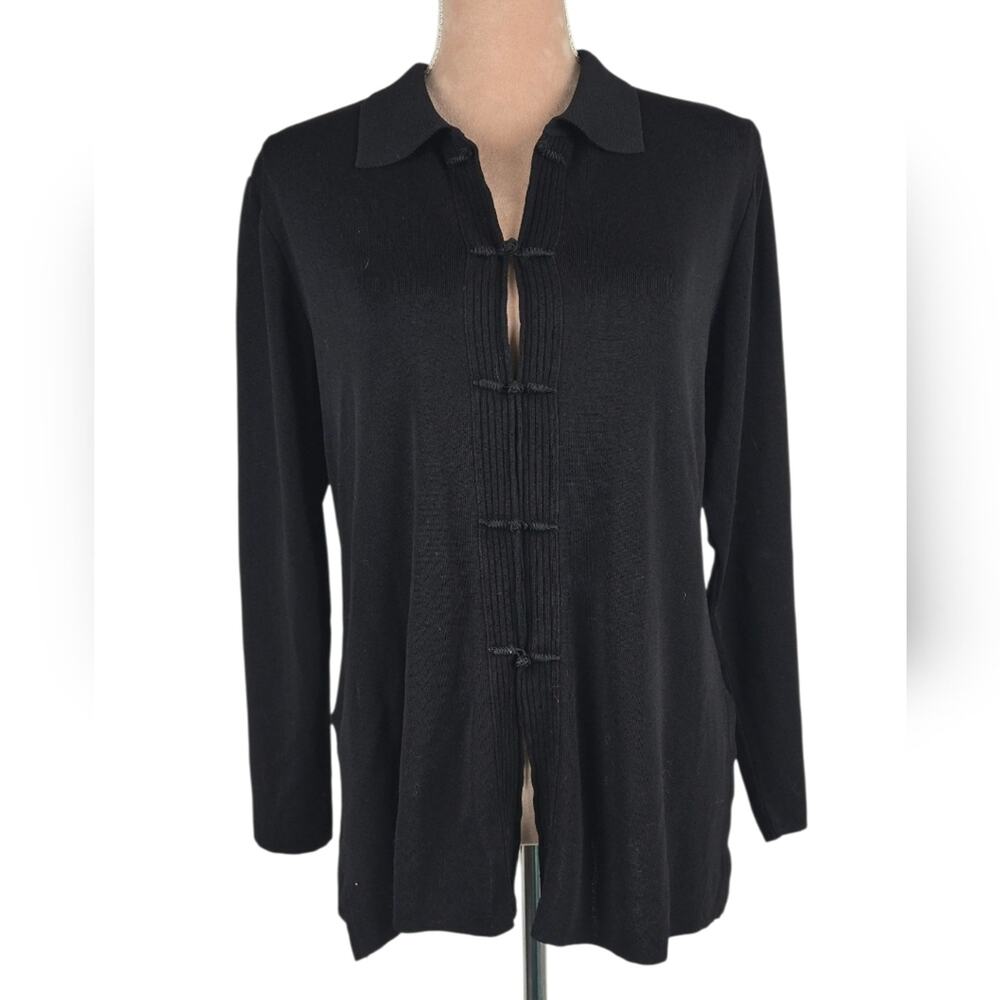 Misook Knit Cardigan Sweater Jacket Collared Knot Loop Closure Black S